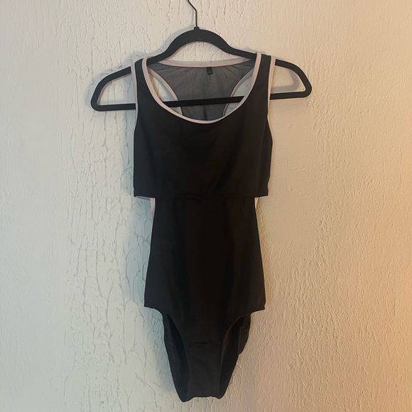 MARIIA Black and Lilac Tank Leotard with Mesh Cut Out - Picture 3 of 6